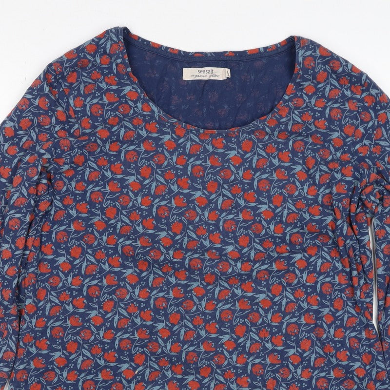 Seasalt Women Blue Floral Organic Cotton 3/4 Sleeve Blouse UK 18