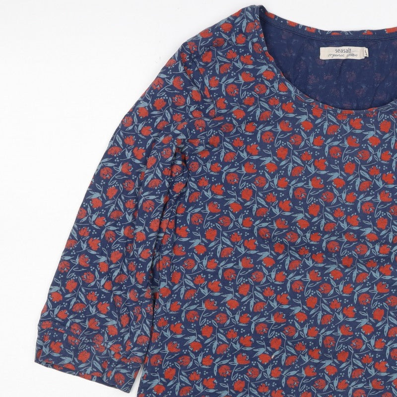 Seasalt Women Blue Floral Organic Cotton 3/4 Sleeve Blouse UK 18
