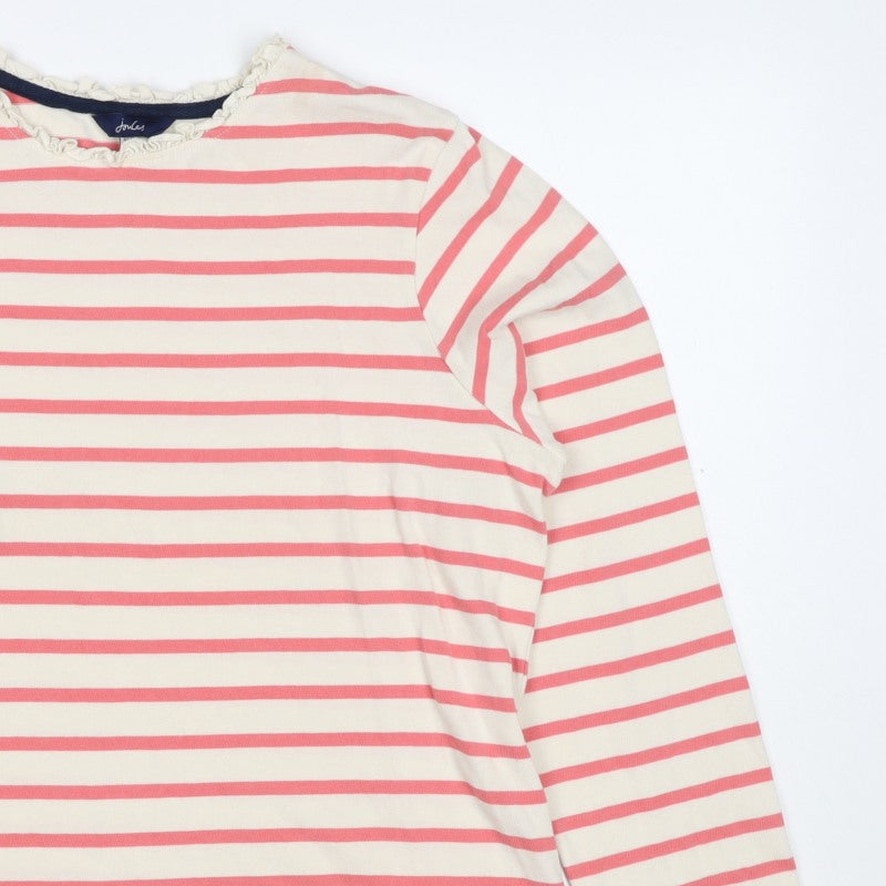 Joules Women Pink Ivory Stripe Ruffle Long Sleeve Cotton Top UK 12