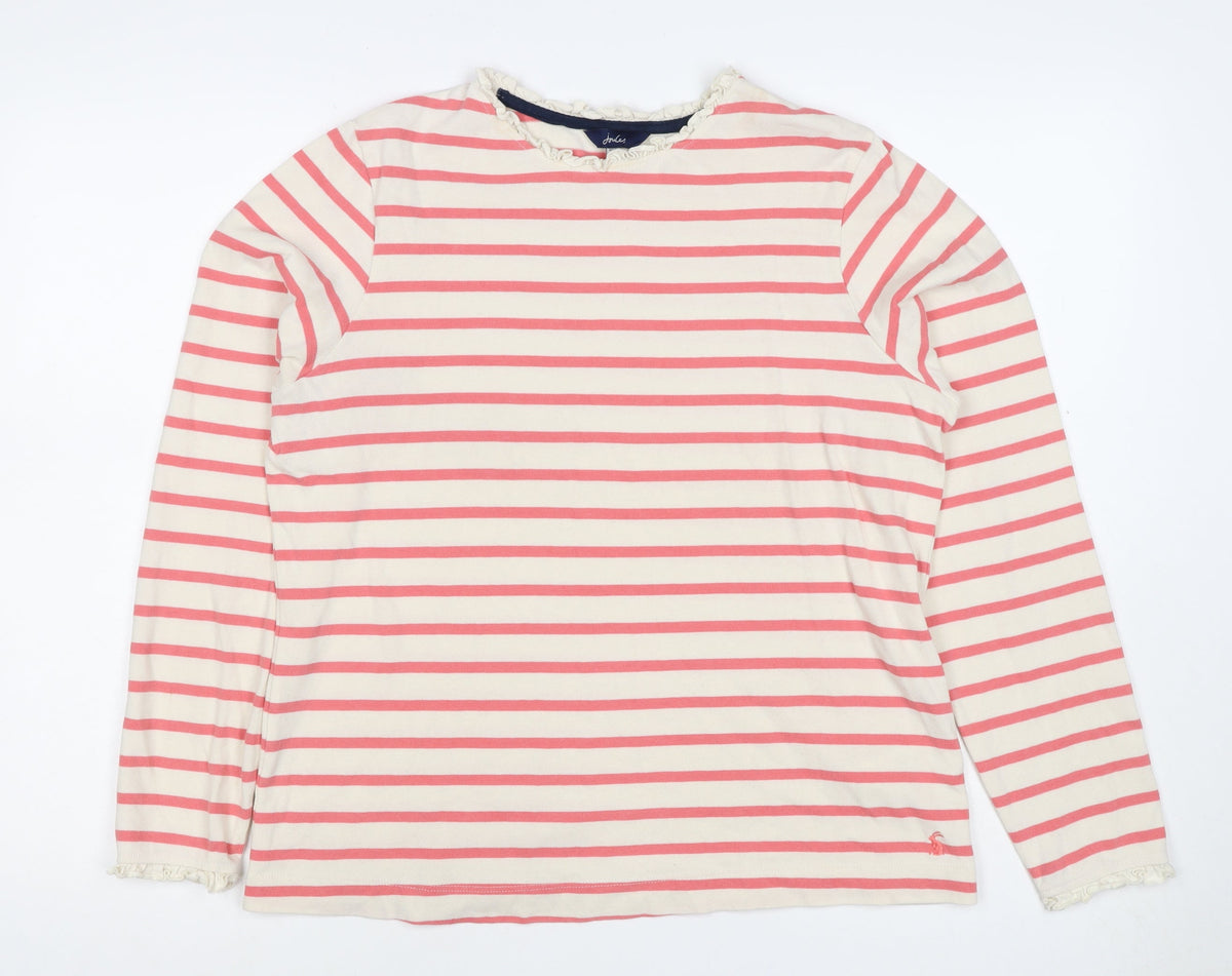 Joules Women Pink Ivory Stripe Ruffle Long Sleeve Cotton Top UK 12