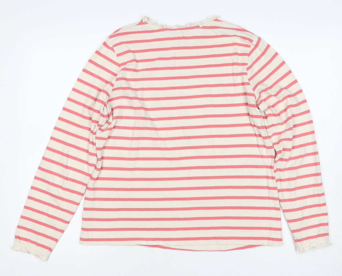 Joules Women Pink Ivory Stripe Ruffle Long Sleeve Cotton Top UK 12