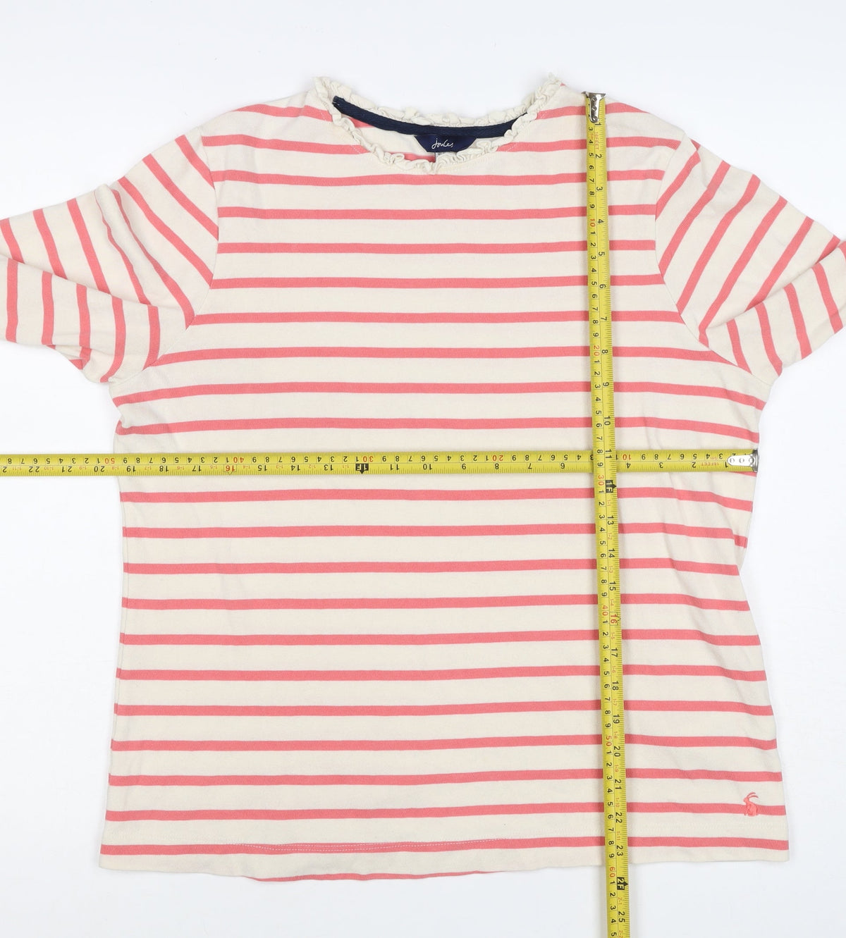 Joules Women Pink Ivory Stripe Ruffle Long Sleeve Cotton Top UK 12