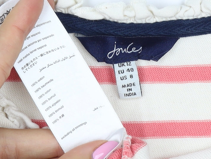 Joules Women Pink Ivory Stripe Ruffle Long Sleeve Cotton Top UK 12