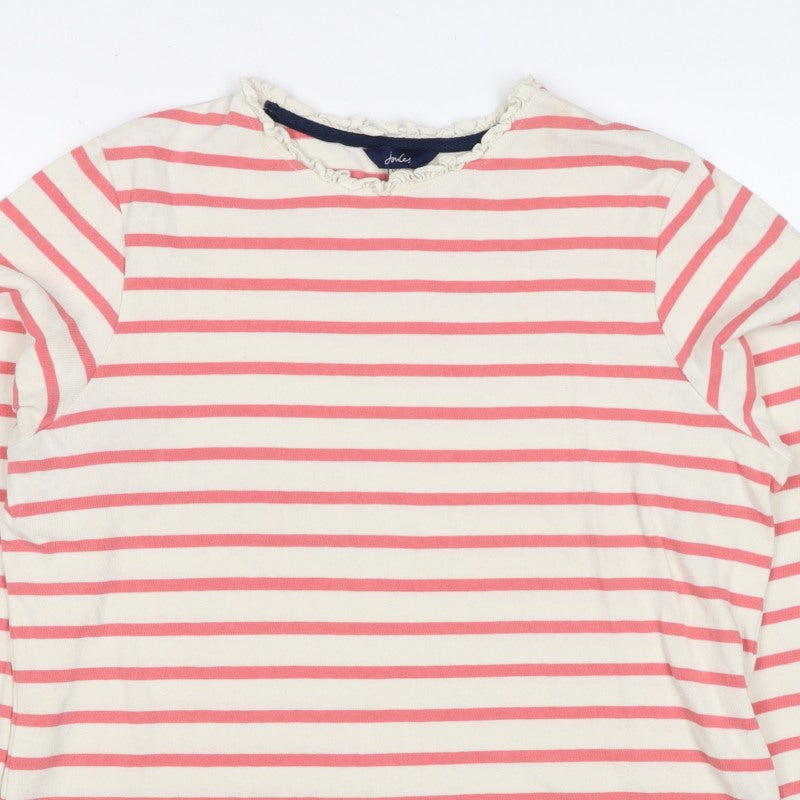 Joules Women Pink Ivory Stripe Ruffle Long Sleeve Cotton Top UK 12