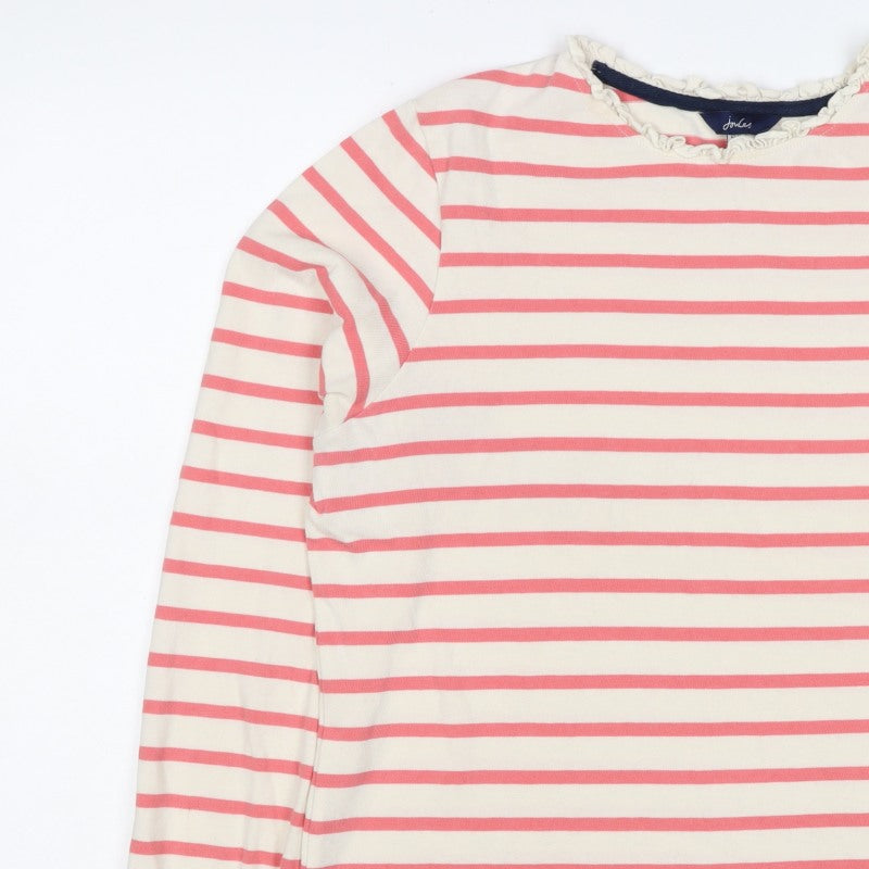 Joules Women Pink Ivory Stripe Ruffle Long Sleeve Cotton Top UK 12