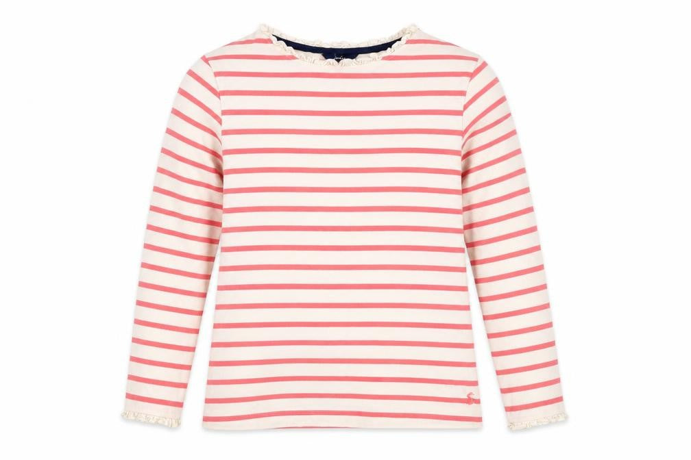 Joules Women Pink Ivory Stripe Ruffle Long Sleeve Cotton Top UK 12
