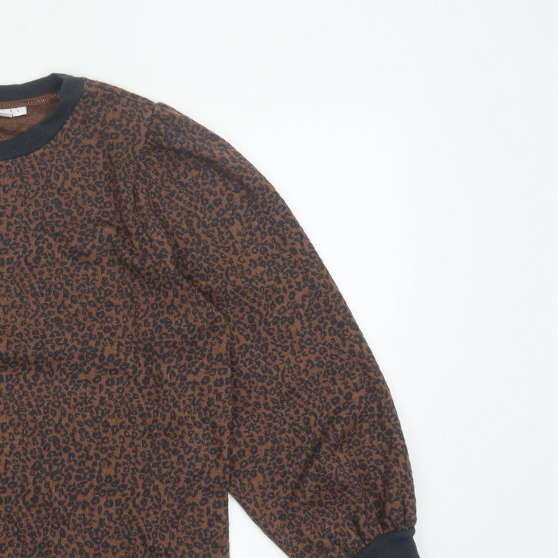 Saint Tropez Women’s Brown Leopard Print Balloon Sleeve Jersey Top L