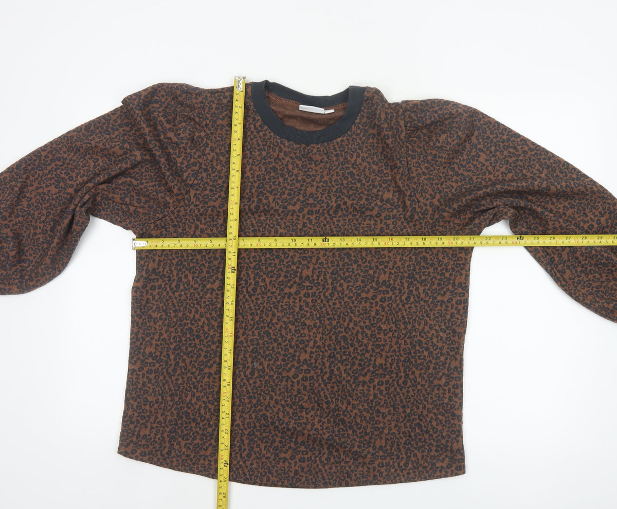 Saint Tropez Women’s Brown Leopard Print Balloon Sleeve Jersey Top L