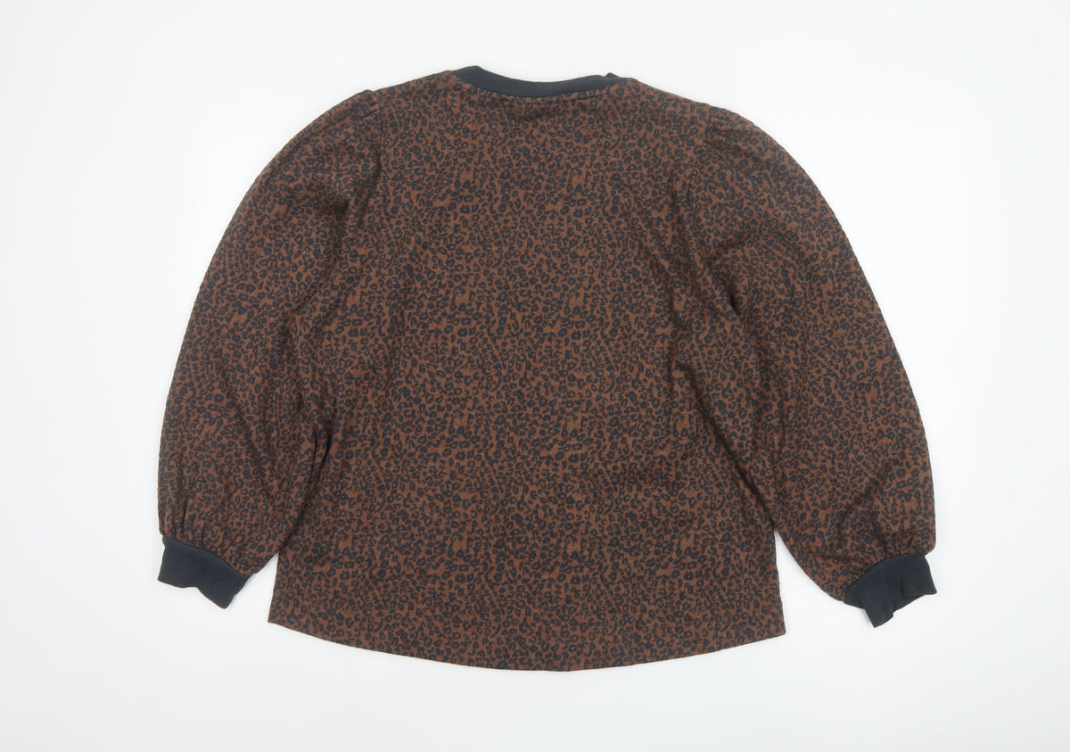 Saint Tropez Women’s Brown Leopard Print Balloon Sleeve Jersey Top L