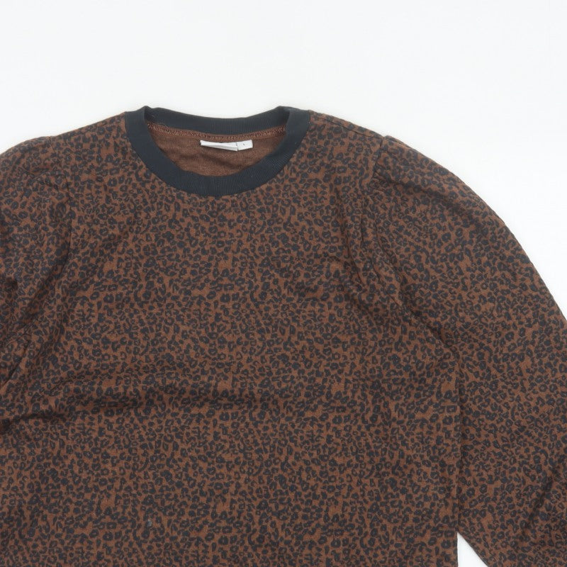Saint Tropez Women’s Brown Leopard Print Balloon Sleeve Jersey Top L