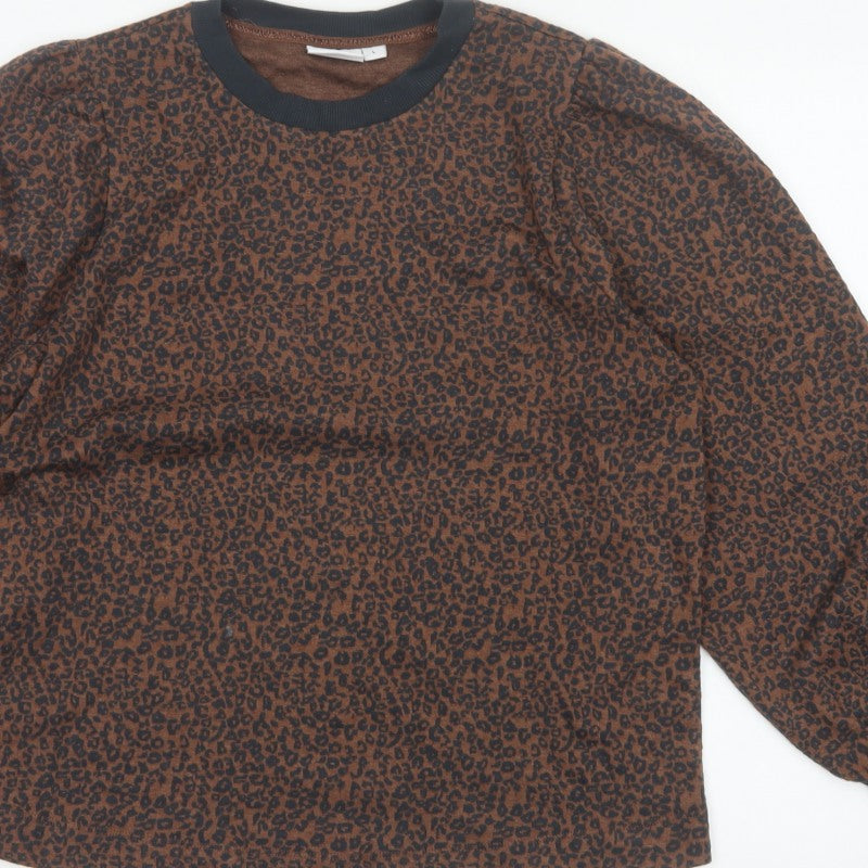 Saint Tropez Women’s Brown Leopard Print Balloon Sleeve Jersey Top L