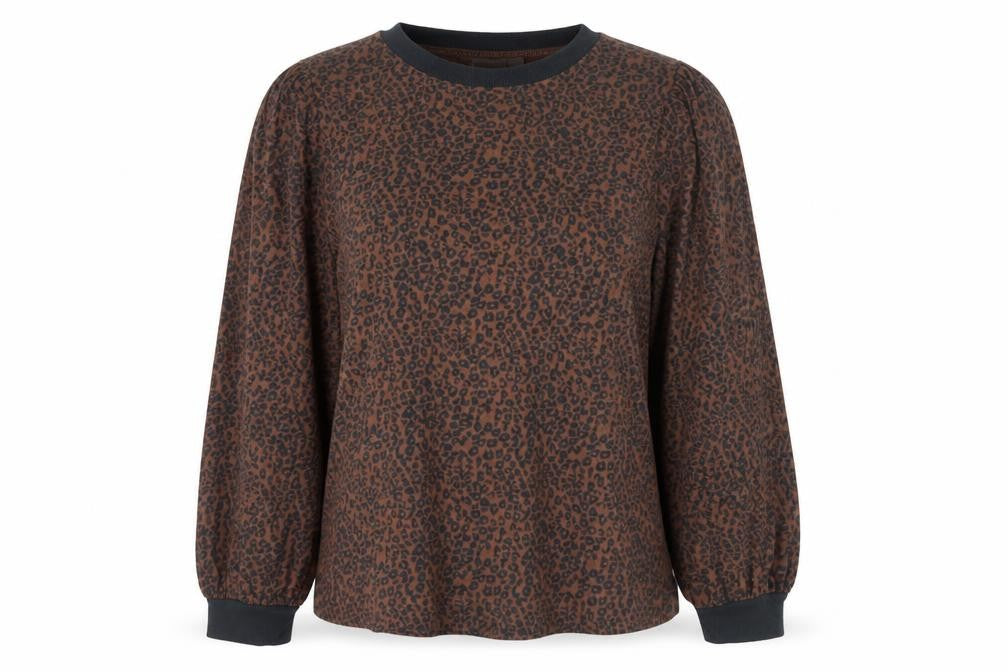Saint Tropez Women’s Brown Leopard Print Balloon Sleeve Jersey Top L