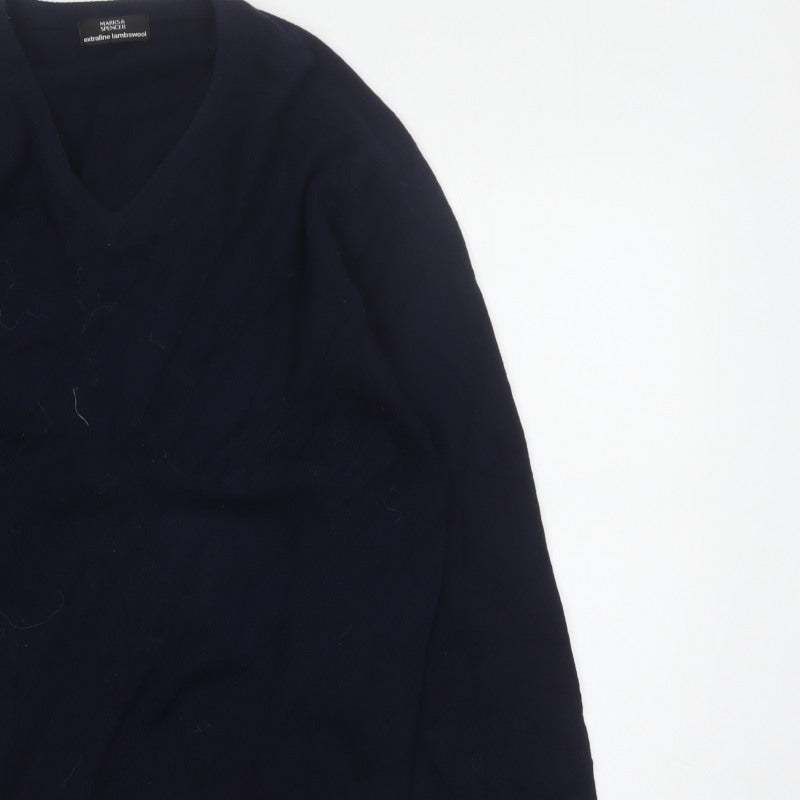 Marks & Spencer Men Blue M Lambswool V-Neck Classic Pullover Jumper