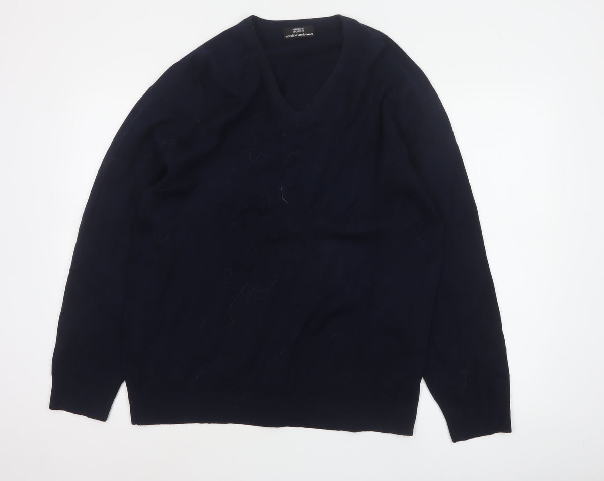 Marks & Spencer Men Blue M Lambswool V-Neck Classic Pullover Jumper