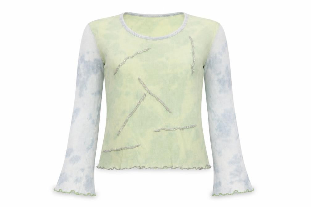 Fried Frog Women’s Green Grey M/L Long Sleeve Jersey Top Flared Sleeves