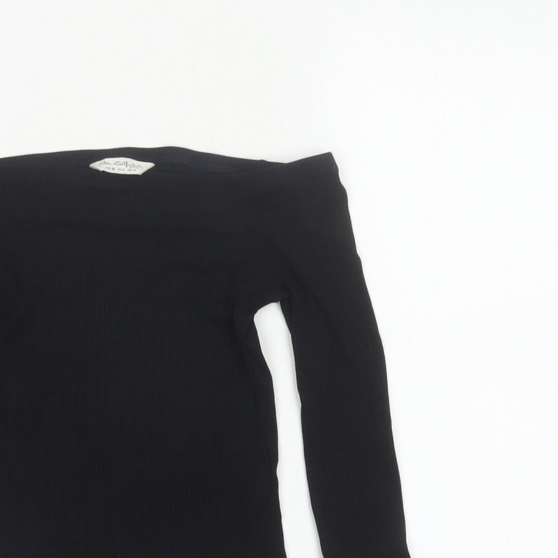 Miss Selfridge Women Black UK 10 Off Shoulder Rib Knit Long Sleeve Top