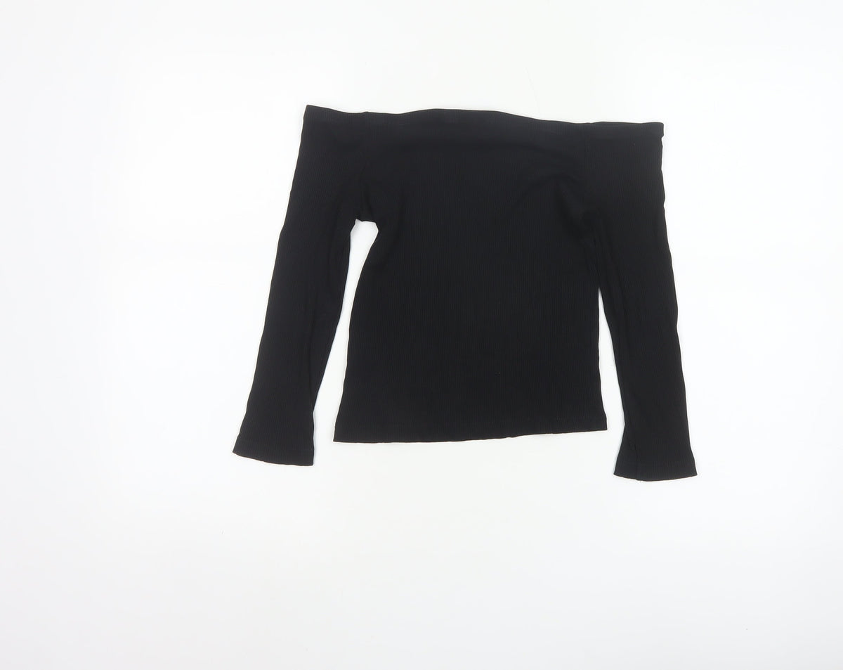 Miss Selfridge Women Black UK 10 Off Shoulder Rib Knit Long Sleeve Top
