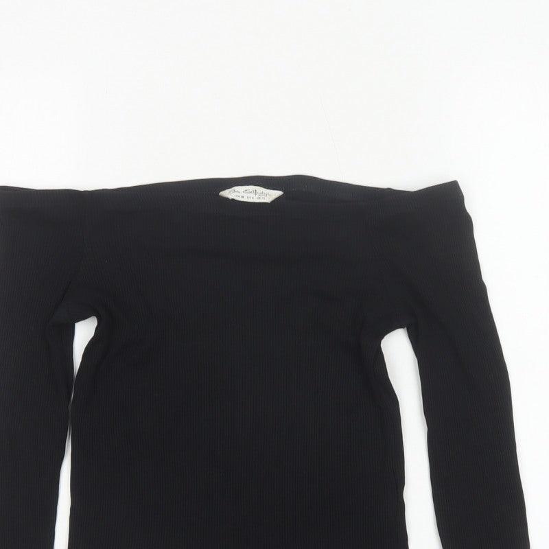 Miss Selfridge Women Black UK 10 Off Shoulder Rib Knit Long Sleeve Top