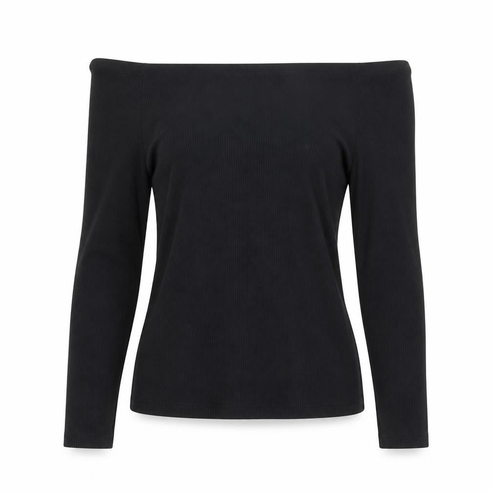 Miss Selfridge Women Black UK 10 Off Shoulder Rib Knit Long Sleeve Top