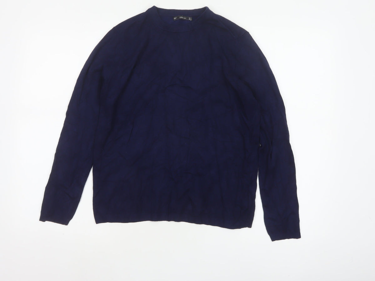Zara Women Blue L Crew Neck Knit Pullover Jumper Button Cuffs