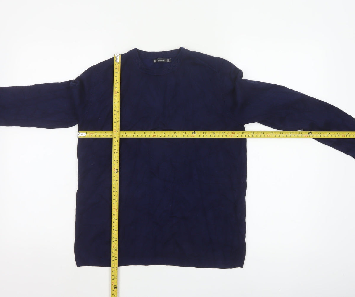 Zara Women Blue L Crew Neck Knit Pullover Jumper Button Cuffs