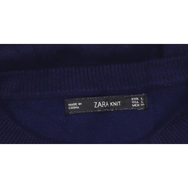 Zara Women Blue L Crew Neck Knit Pullover Jumper Button Cuffs