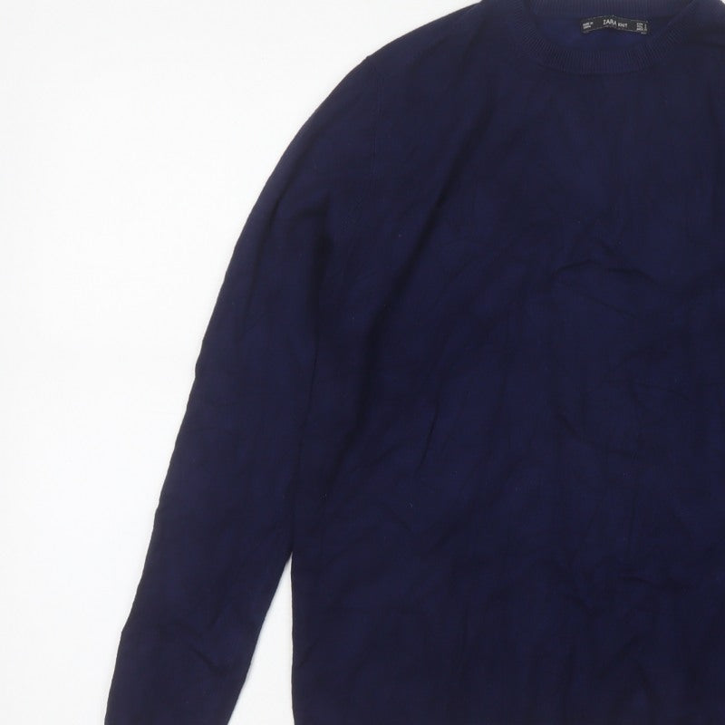 Zara Women Blue L Crew Neck Knit Pullover Jumper Button Cuffs