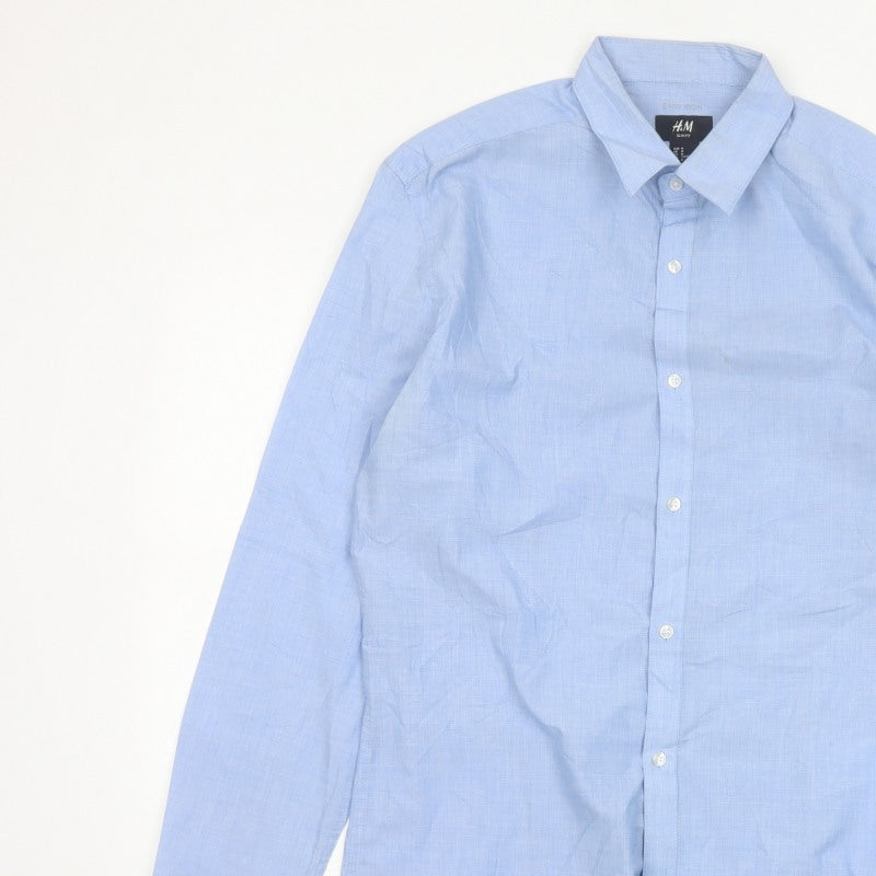 H&M Men Blue M Slim Fit Easy Iron Check Long Sleeve Shirt