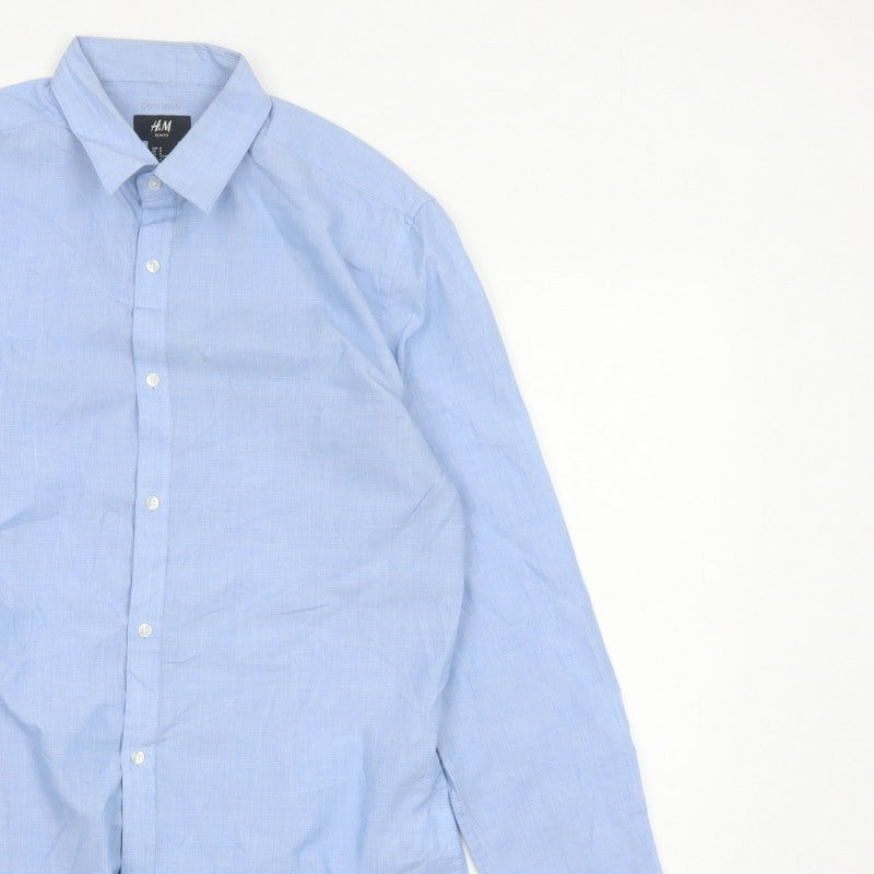 H&M Men Blue M Slim Fit Easy Iron Check Long Sleeve Shirt