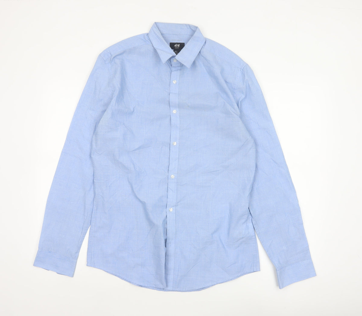 H&M Men Blue M Slim Fit Easy Iron Check Long Sleeve Shirt