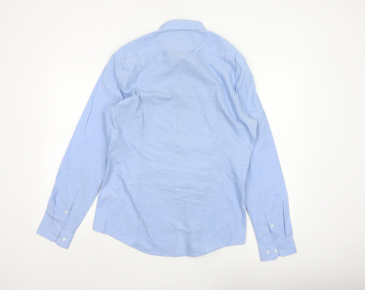 H&M Men Blue M Slim Fit Easy Iron Check Long Sleeve Shirt