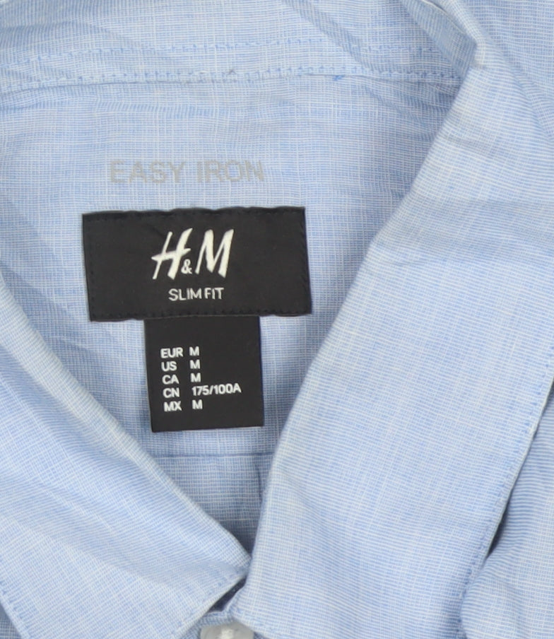 H&M Men Blue M Slim Fit Easy Iron Check Long Sleeve Shirt