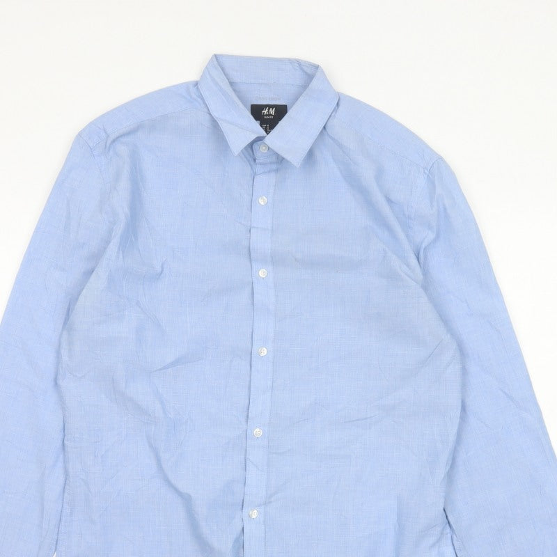 H&M Men Blue M Slim Fit Easy Iron Check Long Sleeve Shirt