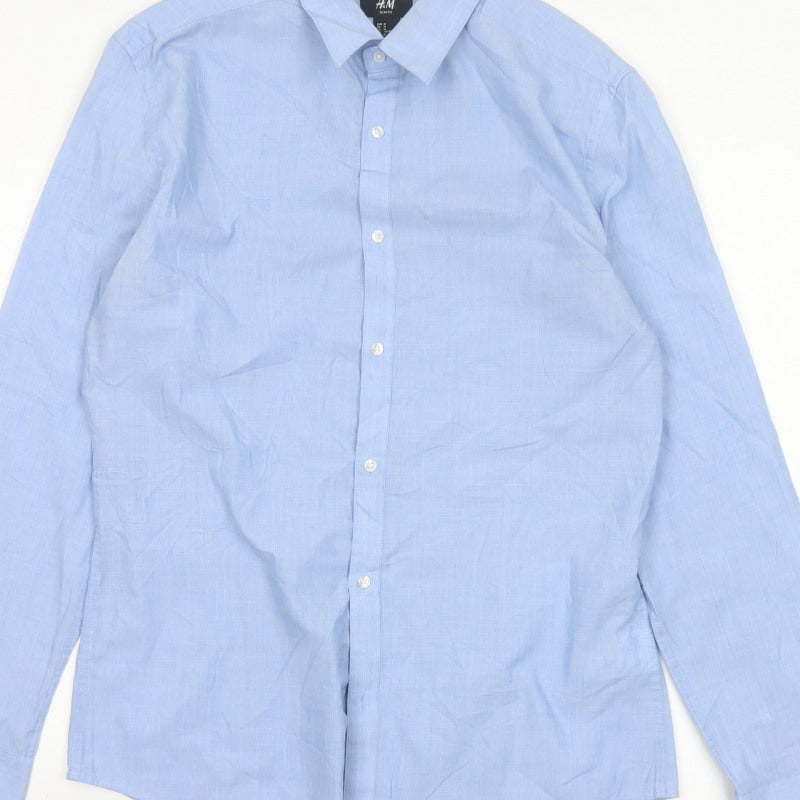 H&M Men Blue M Slim Fit Easy Iron Check Long Sleeve Shirt