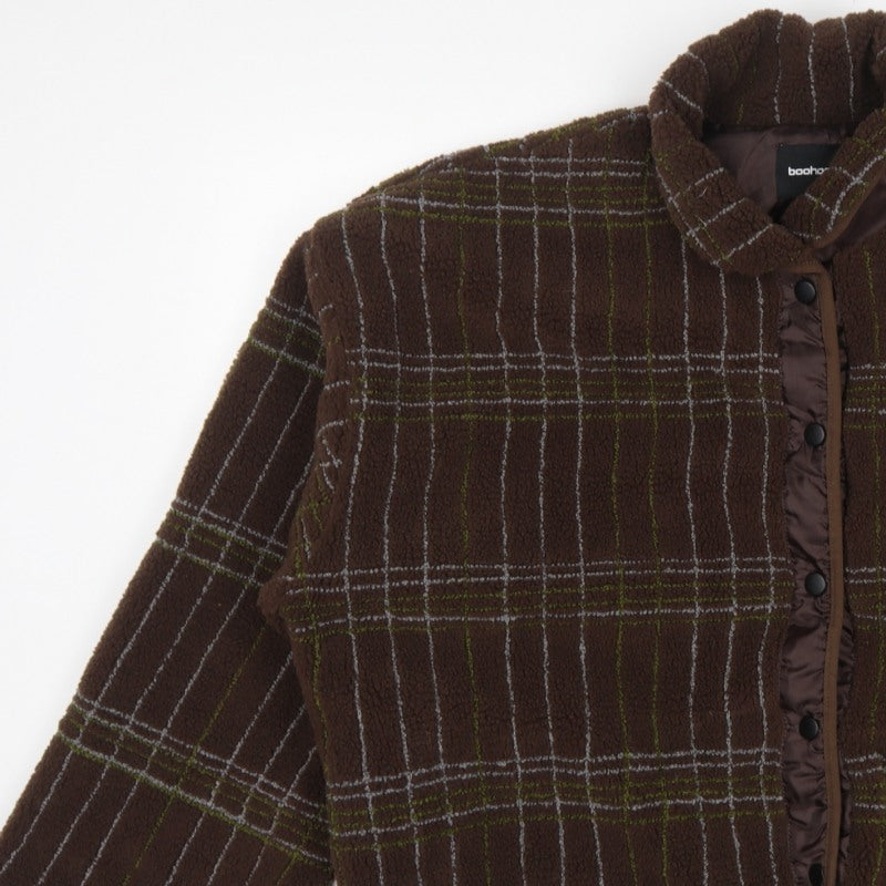 Boohoo Women's Brown Check Fleece Jacket UK 10 Collared Snap Button