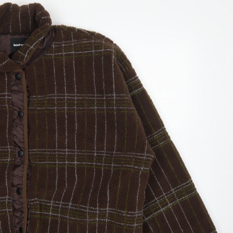 Boohoo Women's Brown Check Fleece Jacket UK 10 Collared Snap Button