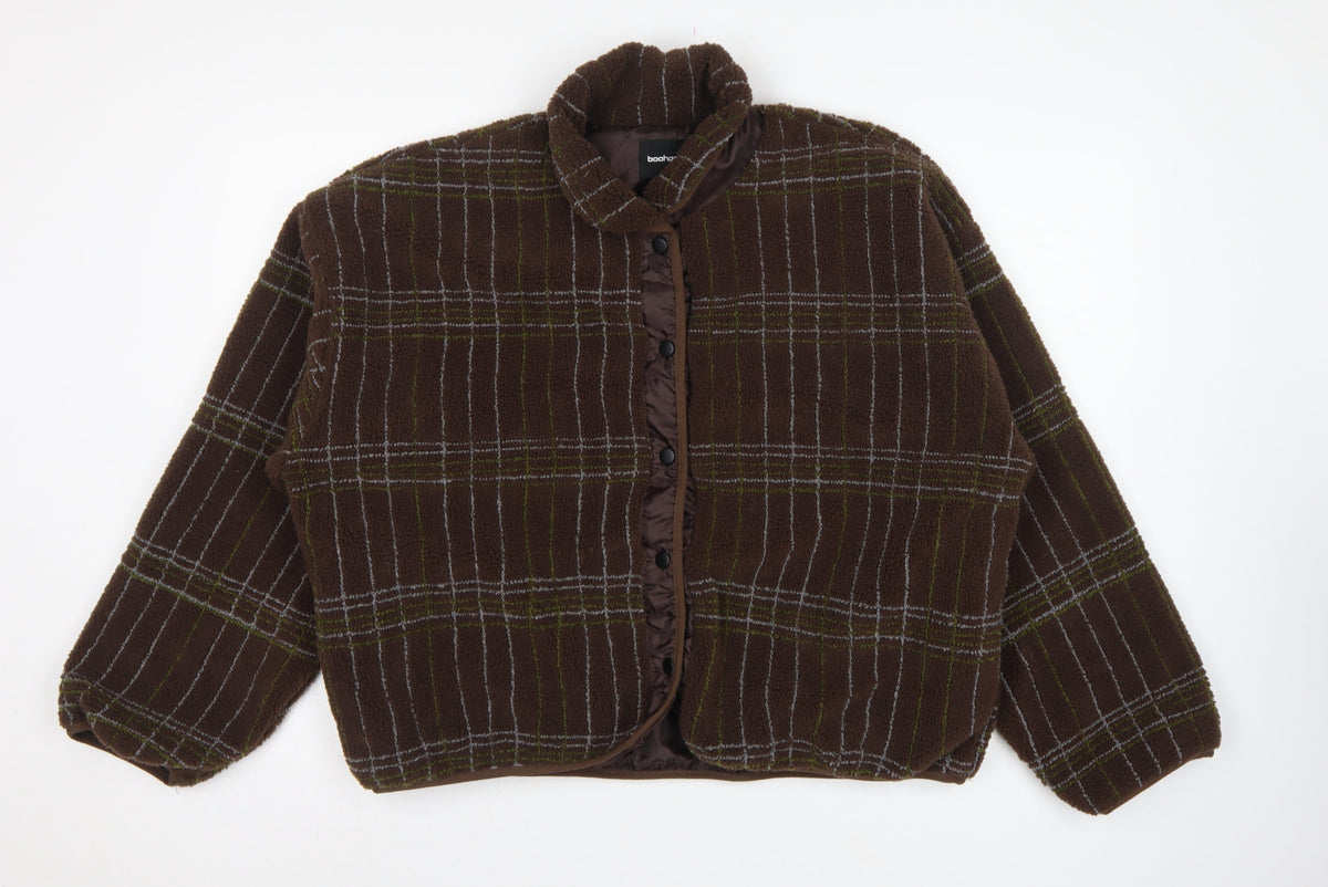 Boohoo Women's Brown Check Fleece Jacket UK 10 Collared Snap Button
