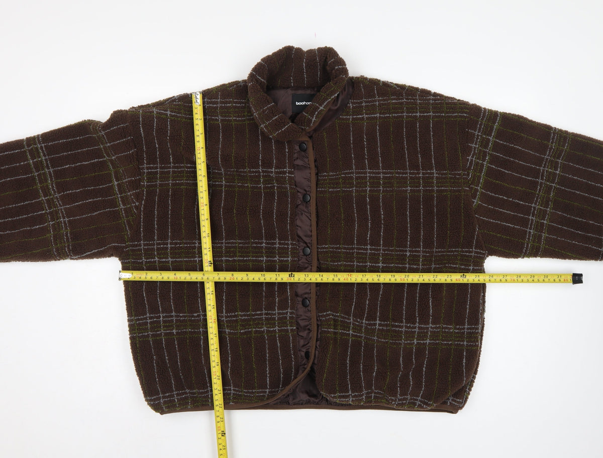 Boohoo Women's Brown Check Fleece Jacket UK 10 Collared Snap Button