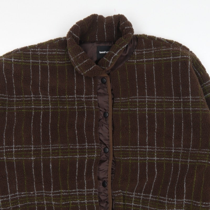 Boohoo Women's Brown Check Fleece Jacket UK 10 Collared Snap Button