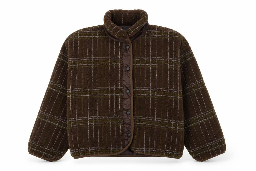Boohoo Women's Brown Check Fleece Jacket UK 10 Collared Snap Button
