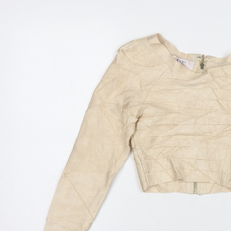 House of London Women Beige S Cropped Long Sleeve Zip Blouse