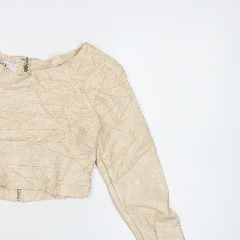 House of London Women Beige S Cropped Long Sleeve Zip Blouse