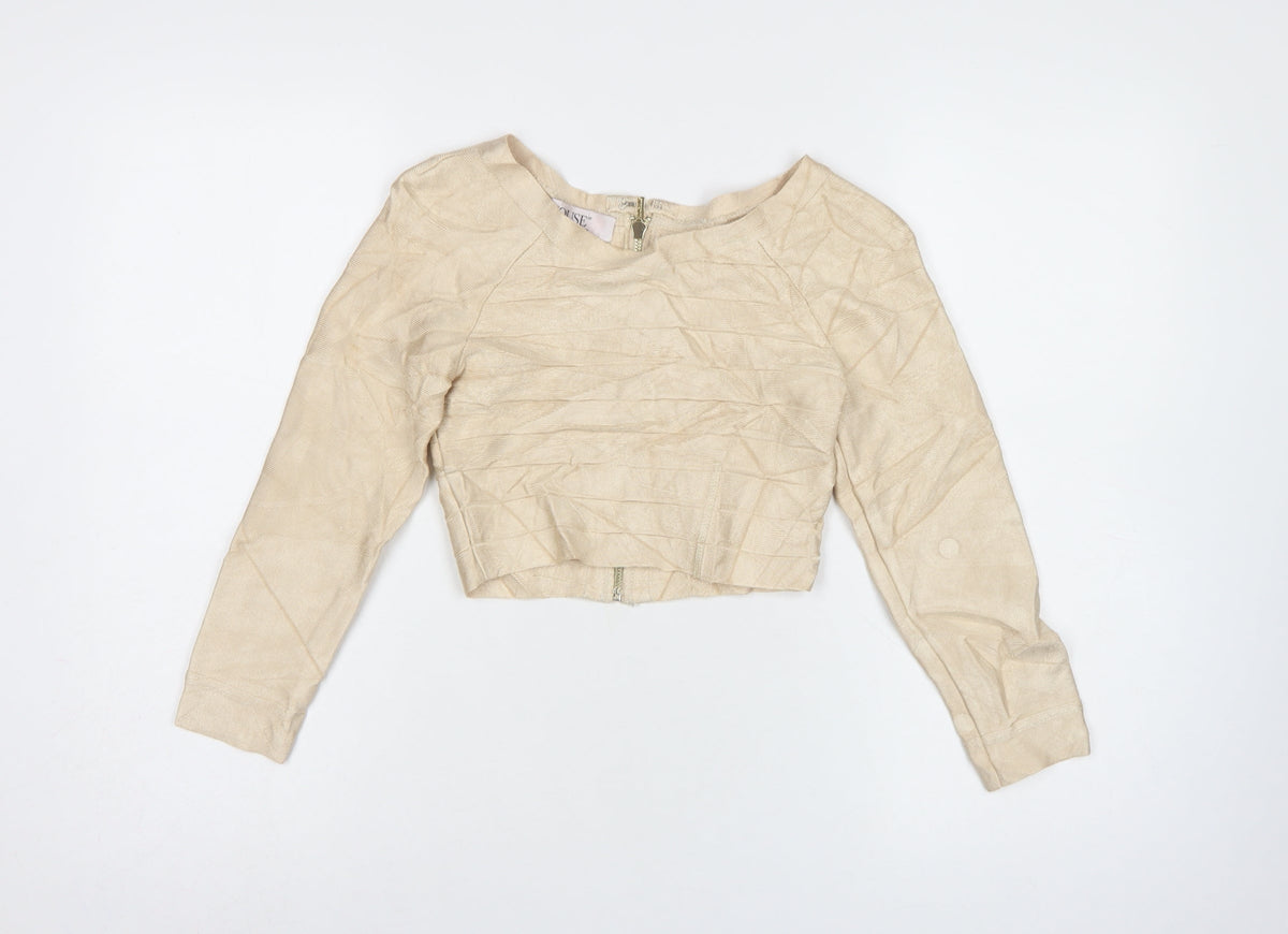 House of London Women Beige S Cropped Long Sleeve Zip Blouse