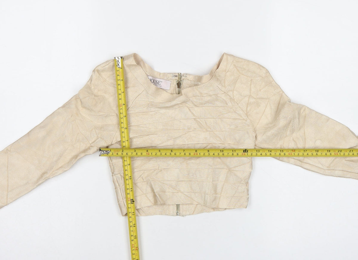 House of London Women Beige S Cropped Long Sleeve Zip Blouse