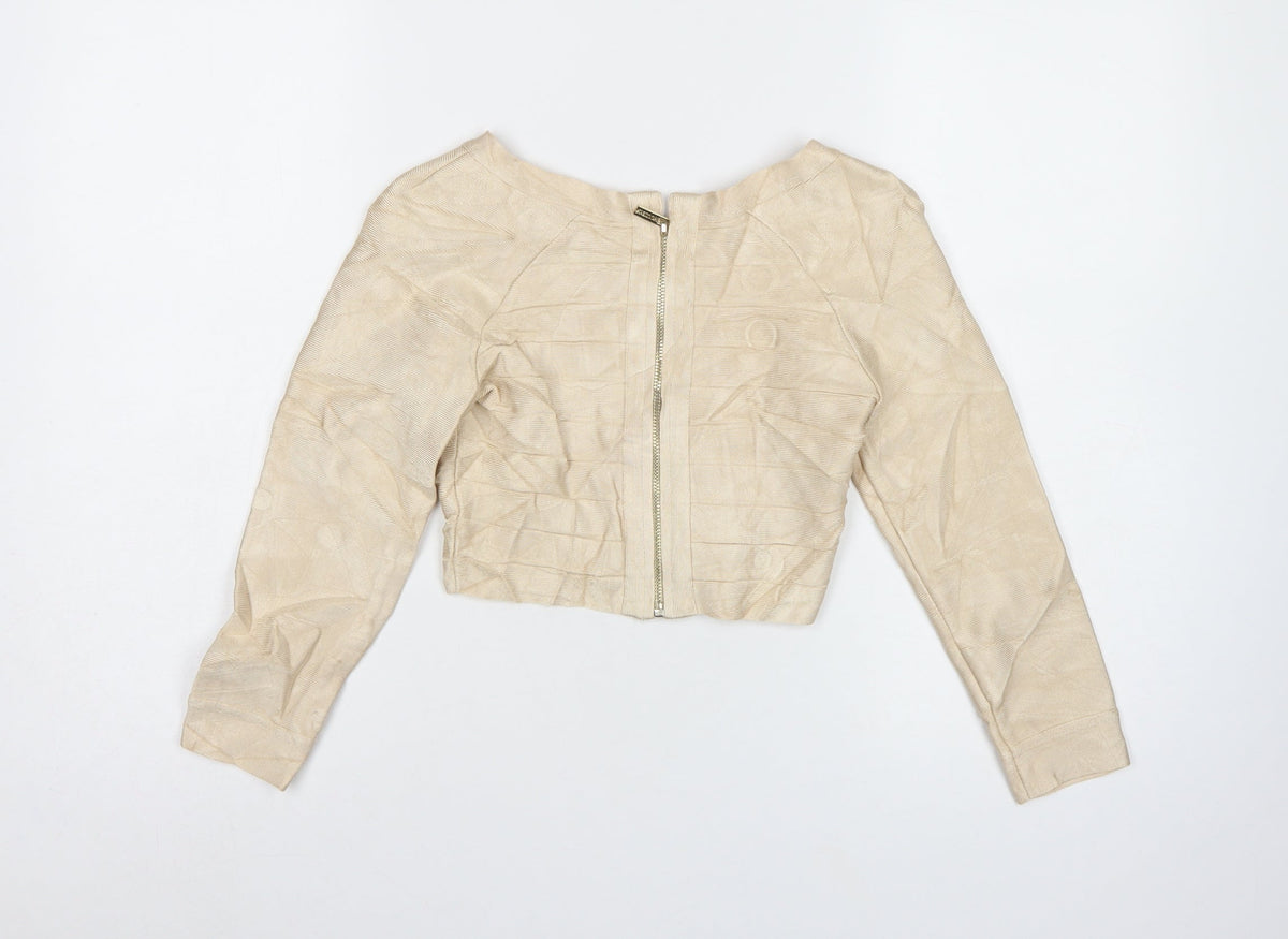 House of London Women Beige S Cropped Long Sleeve Zip Blouse