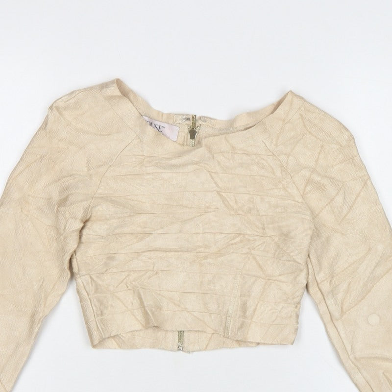 House of London Women Beige S Cropped Long Sleeve Zip Blouse