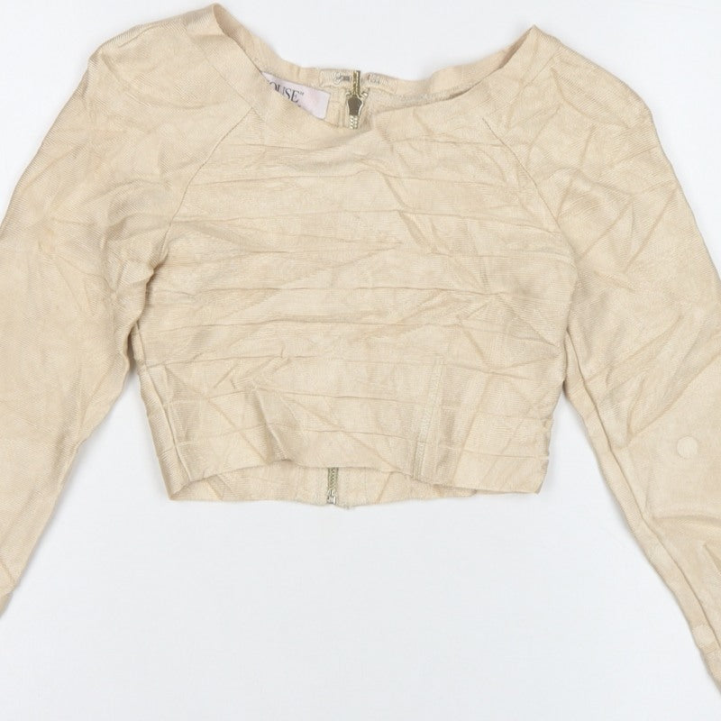 House of London Women Beige S Cropped Long Sleeve Zip Blouse