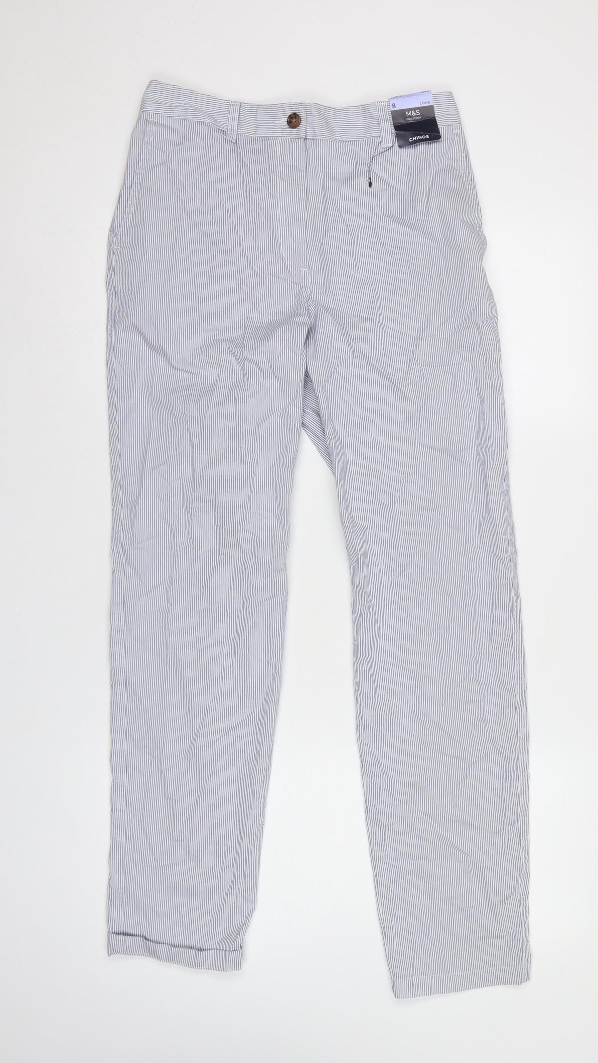 Marks & Spencer Women White Stripe Chino Trousers UK 8 Long Cotton
