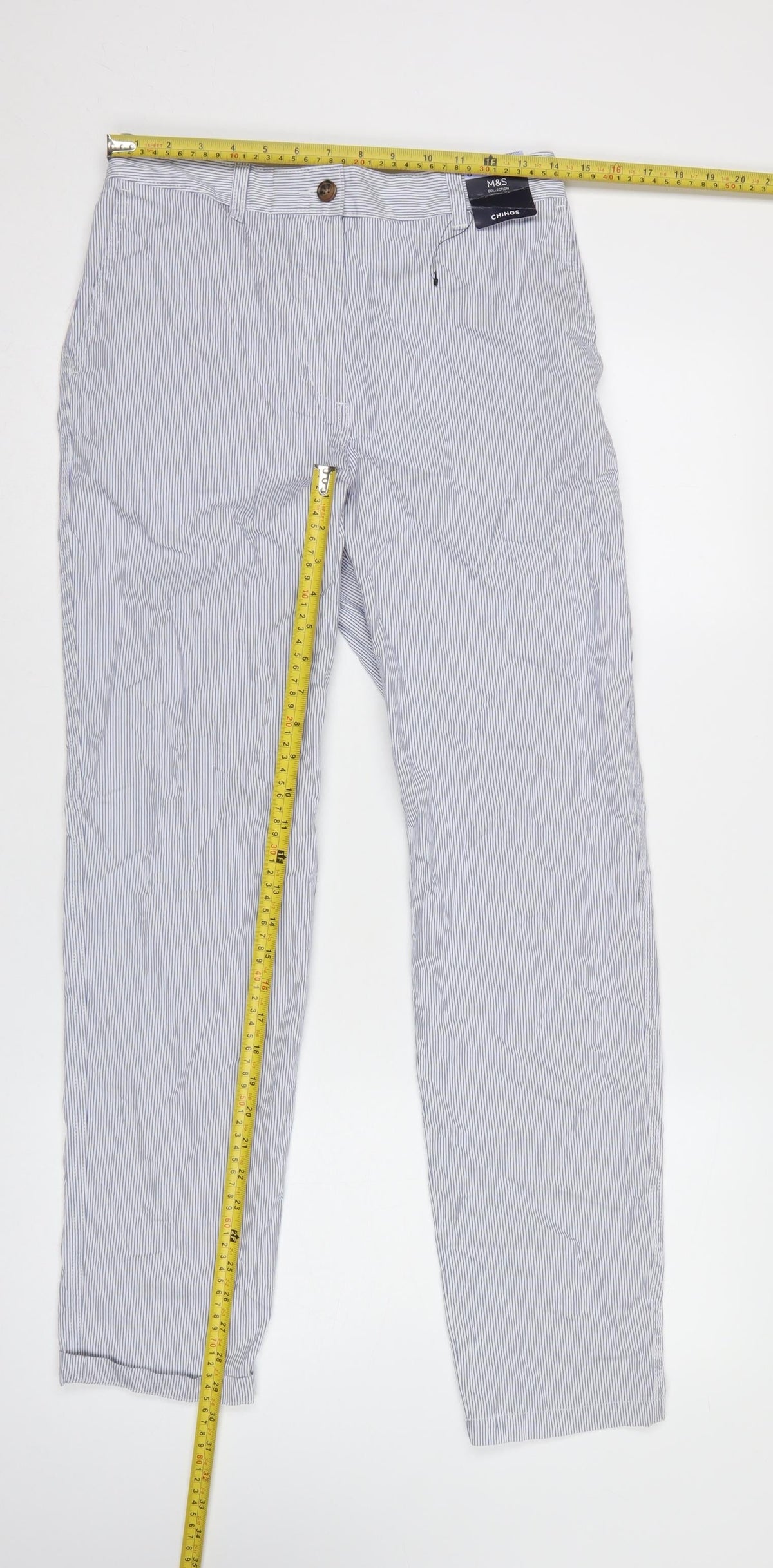 Marks & Spencer Women White Stripe Chino Trousers UK 8 Long Cotton