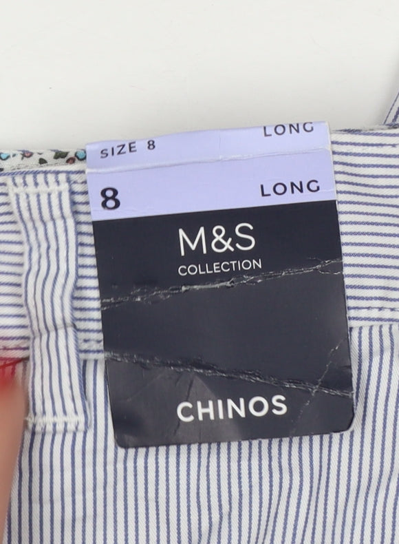 Marks & Spencer Women White Stripe Chino Trousers UK 8 Long Cotton